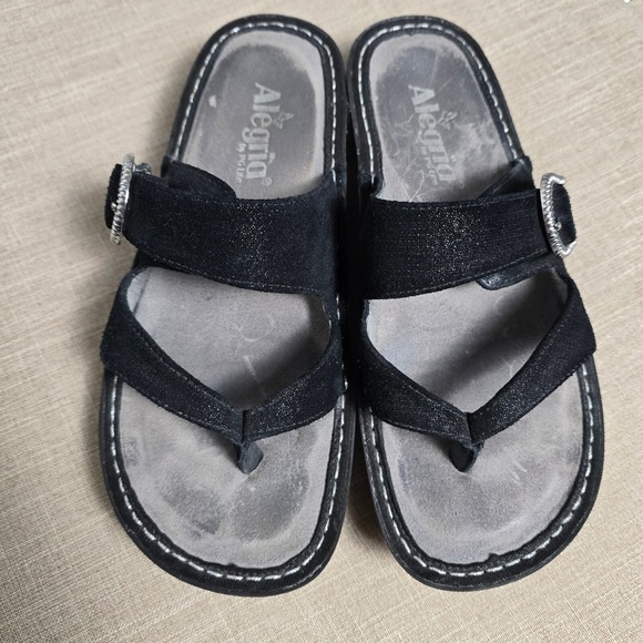 Alegria PG Lite Womens Size 37 US 7 Slide Sandals Adjustable Buckle Black Thong - Picture 6 of 10